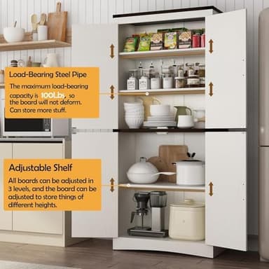 71in Farmhouse Kitchen Pantry Cabinet,Tall Storage Cabinet with 4 Doors and Adjustable shelves,with Load-Bearing Steel Pipe,Wood Storage Cabinets for Kitchen,Dining Room,Bathroom(White - Image 5