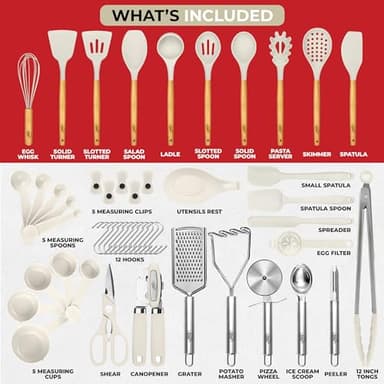 Kaluns 50 PCS Silicone Kitchen Utensils Set Complete Kitchen Set - 800°F Heat Resistant Non-Stick Premium Cooking Utensils W Wooden Handles - Can Opener, Masher, Turner, Silicone Spatula Set - Image 2