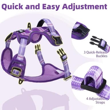 PUPTECK No Pull Dog Harness for Large, Adjustable Reflective Dog Harness with Handle Easy Control, Comfortable Soft Padded Pet Vest Harness for Large Dogs, Plaid Purple XL - Image 6