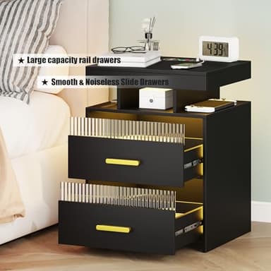 Nightstand with Charging Station and LED Lights, Night Stand with 2 Drawers, Wood Smart Bedside Table, Modern Bed Side Table for Bedroom, Black - Image 8