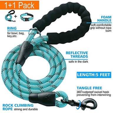 Ladoogo Reflective Dog Collar Padded with Soft Neoprene Breathable Adjustable Nylon Dog Collars for Small Medium Large Dogs (Medium (Pack of 1), Blue Collar+Leash) - Image 2
