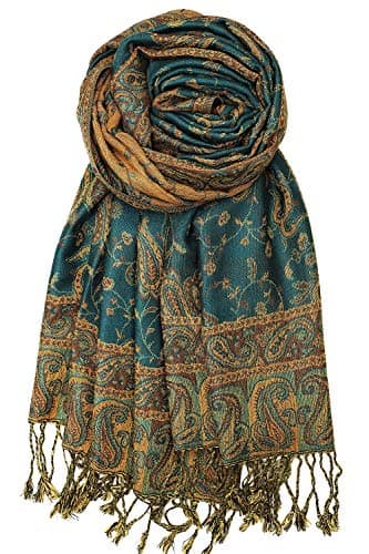 Achillea Soft Silky Reversible Paisley Pashmina Shawl Wrap Scarf w/Fringes (Dark Seagreen) - Image 1