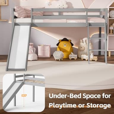 TOLEAD Low Loft Bed with Slide, Wood Twin Loft Bed Frame with Climbing Ladder & Storage Space for Kids Toddler (Grey) - Image 3
