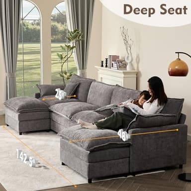 GOSUHI 142.5" U Shaped Couch, Modular Sectional Sofa, 3-Seater Comfy Cloud Couch with Movable Ottoman, Deep Seat Couches for Living Room, Chenille, Slate - Image 4