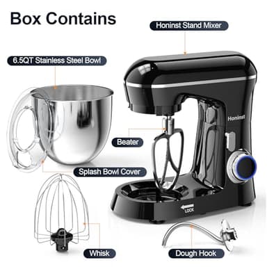 Honinst Stand Mixer, 6.5QT 10-Speed Tilt-Head Electric Stand Mixer, 3-In-1 Kitchen Mixer with Bowl, Dough Hook, Whisk and Beater, Food Mixer for Baking, Cake and Most Home Cooks, Black - Image 2