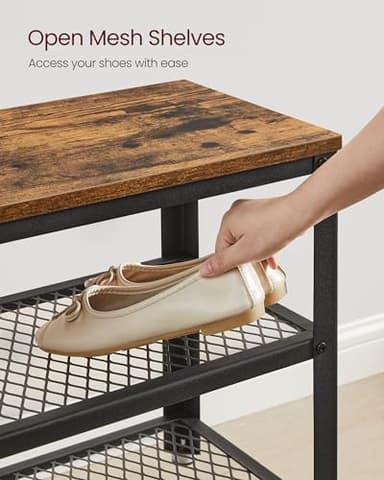 VASAGLE 3-Tier Shoe Rack, Shelf Storage Bench with Metal Mesh Shelves and Seat, Free Standing Shoe Organizer for Entryway, 11.8 x 28.7 x 17.7 Inches, Rustic Brown and Black ULBS73X - Image 6