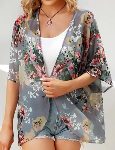 Women's Floral Print Puff Sleeve Kimono Cardigan Loose Cover Up Casual Blouse Tops (Dark Grey, S) - Image 5