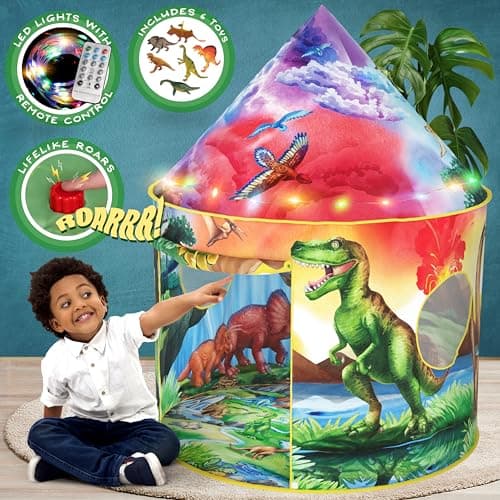 W&O Dinosaur Discovery Kids Tent with Roar Button, Dinosaur Toys and LED Lights - Epic Pop Up Tent for Boys & Girls - Perfect for Indoor & Outdoor Adventures - Image 1