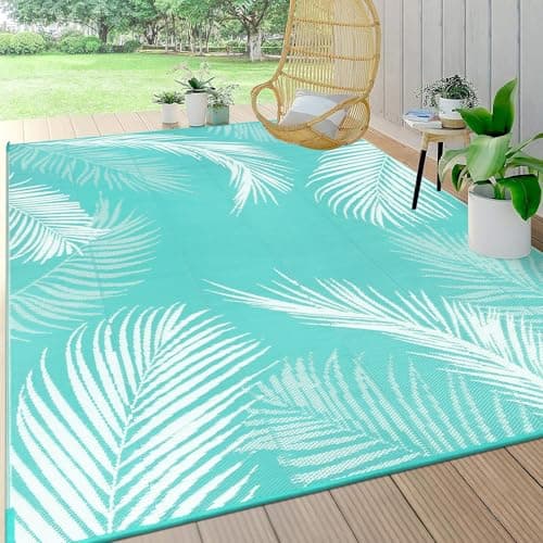 Pauwer Waterproof Outdoor Rug 6x9, Reversible Plastic Straw Patio Camping Rug, Indoor Outdoor RV Mat Carpet for Deck, Camper, Porch, Balcony, Backyard, Picnic, Leaf Light Blue - Image 1