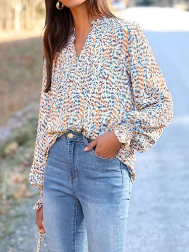 MASCOMODA Womens V Neck Floral Long Sleeve Tops 2025 Summer Casual Loose Puff Sleeve Chiffon Boho Work Blouse Dressy T Shirts(Floral Blue White,XX-Large) - Image 3