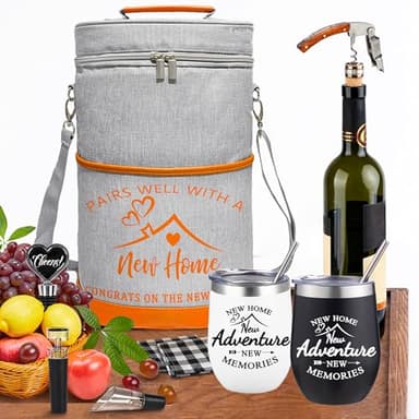 House Warming Gift New Home, Housewarming Gifts for New House for Couple, New Home Gifts for Home, New Home New Adventure New Memories Insulated Wine Cooler Tote Bag with Tumblers and Accessories - Image 6