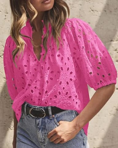 PRETTYGARDEN Women's Summer Tops 2025 Dressy Casual Short Sleeve V Neck Buttons Hollow Out Lace Embroidered Blouses Shirts (Rose Pink,Small) - Image 6
