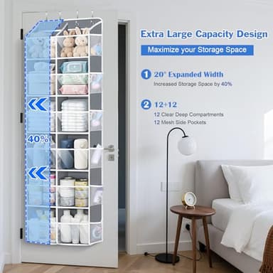Univivi Over the Door Organizer, 6 Tiers Behind Door Storage with Clear Deep Pockets Hanging Organizer for Closet, Bedroom, Nursery, Bathroom and Sundries (Grey) - Image 3