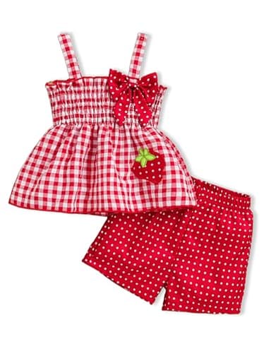Doresbebe 18-24 Months Girl Clothing Baby Girl Clothes Summer Toddler Girl Outfits Strawberry Ruffle Shirts Tank Tops Shorts Set Gifts for Girl Clothing Red - Image 1