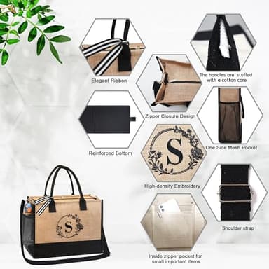BeeGreen Personalized Gifts for Women Beach Bag Teacher Bag Initial Jute Tote with Zipper Closure Embroidery Large Birthday Gifts for Friends Mother Bride J, Natural and Black - Image 3