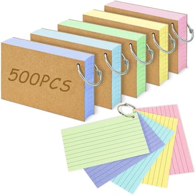 500PCS Colored Index Cards, 3x5 Inches Flash Cards with Ring, Lined on Both Side Notecards Ruled Study Card Flashcards Heavy Note Cards for Studying, Learning, School, College - Image 1