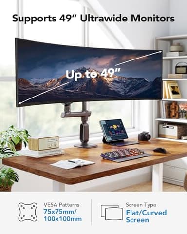 HUANUO Heavy Duty Monitor Arm for Ultrawide Screens up to 49", Holds 40 lbs, Aluminum Ultrawide Single Monitor Stand with 29.1" Max Height, Fully Adjustable Desk Mount, Max VESA 100x100mm - Image 2