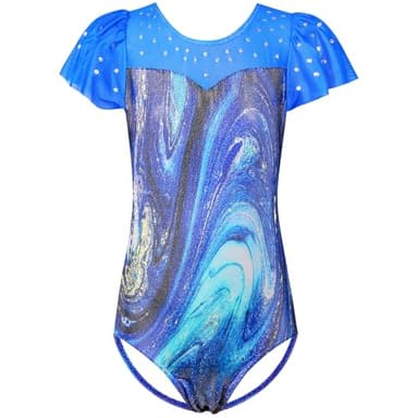 TFJH E Girls Gymnastics Outfit Flutter Sleeve Ballet Dance Clothes Activewear Blue Agate 6A - Image 1