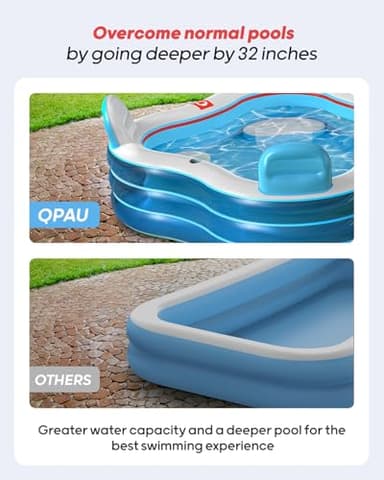 QPAU Inflatable Swimming Pool, Full-Sized Blow Up Pools with Seats and Backrests, Kiddie Pool for Outdoor & Backyard, for Family Summer Time Fun, Jelly Blue - Image 5