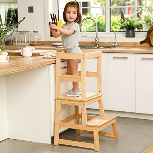 Kids Kitchen Step Stool for Kids with Safety Rail,Solid Wood Construction Toddler Learning Stool, Montessori Toddlers Kitchen Stool Tower(Natural) - Image 1