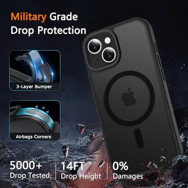 LATVIN for iPhone 15 Case, Magnetic Phone Cover with 1 Screen Protector, Compatible with MagSafe, Military Grade Protection, Translucent Matte Frosted Back, Black - Image 2