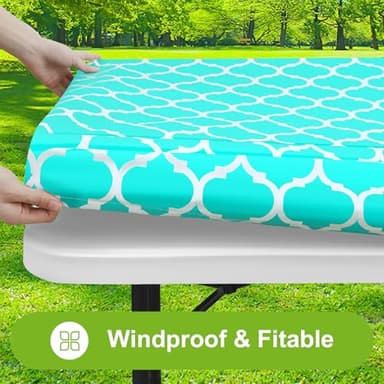 Smiry Rectangle Picnic Table Cover, Waterproof Elastic Fitted Camping Tablecloths for 4 Foot Tables, Wipeable Flannel Backed Vinyl Tablecloth Protector for Indoor, Outdoor (Teal, 24x48 Inches) - Image 3