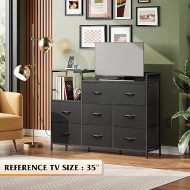 WLIVE Black TV Stand with Charging Station, Entertainment Center with 8 Fabric Drawer, TV Media Console Table Open Storage Shelves, Wood Top for Living Room, Hallway - Image 5