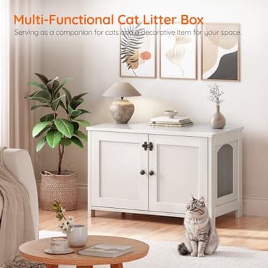 HOOBRO Litter Box Enclosure, Cat Litter Box Furniture with Removable Divider, Large Hidden Litter Box Furniture, Wooden Cat House, End Side Table, 31" L x 17.5" W x 19.7" H, White WT03MW01G2 - Image 2