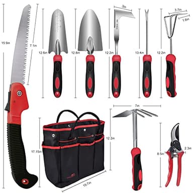 Red Gardening Tools, WisaKey 9 Piece Stainless Steel Heavy Duty Garden Tools with Non-Slip Ergonomic Handle, Garden Tote Bag, Garden kit, Gardening Gifts for Women and Men - Image 4