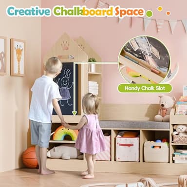 MU Kids Bookshelf with Reading Nook, Wooden Toy Storage Organizer with Chalkboard and Bench, Kids Reading Nook for Boys & Girls, Toddler Toy Shelf for Bedroom, Nursery, Playroom, Natural Oak - Image 3
