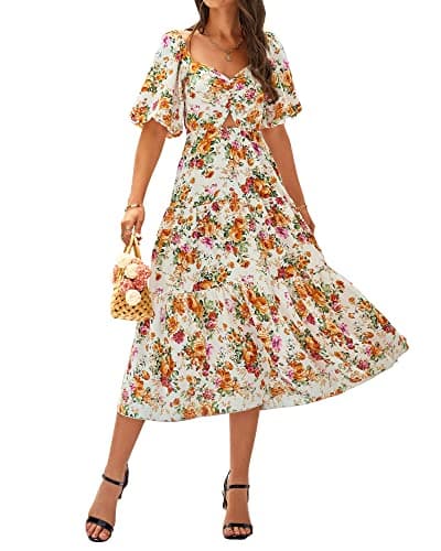 BTFBM Women Summer Dresses 2025 Casual Flowy Beach Square Neck Puff Short Sleeve Smocked Back Boho Floral Long Maxi Dress(Floral White Orange, Large) - Image 1