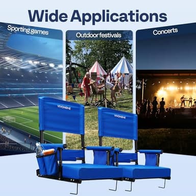 VIVOHOME Height Adjustable High Back Stadium Seats with Back Support and Cushion, 2 Pack Portable Bleacher Chairs with Cup Holder and Shoulder Strap, Blue - Image 7