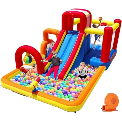 Hongcoral Inflatable Bounce House Obstacle Course with Wet or Dry Slide, Ball Pool, Climbing Wall, Boxing Ball, Small Climb&Slide – Backyard & Indoor Bouncy Castle for Kids 3-8 - Image 1