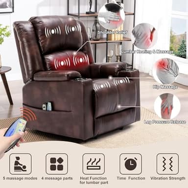 COMHOMA Power Lift Recliner for Elderly,Lift Chair with Heat and Massage,PU Recliner Sofa with Timing Function 2 Side Pockets,Cup Holders and Infinite Position for Living Room (Brown) - Image 4