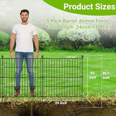 5 Panels No Dig Decorative Outdoor Garden Fence for Yard, 24 in(H) X 10 ft(L) Animal Barrier Fencing Rustproof Metal Wire Panel Border for Dog, Rabbits, and Patio Temporary Ground Stakes - Image 2