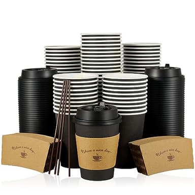LITOPAK 100 Pack 12 oz Paper Coffee Cups for Hot Chocolate Drinks, Black Disposable Coffee Cups with Lids, Sleeves and Stirring Sticks for Parties, Picnic, Travel, and Events - Image 1