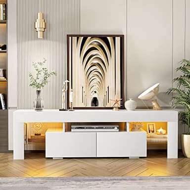 JUMMICO TV Stand with LED Lights, Modern Entertainment Center Media and Open Shelf Console Table Storage Desk with 1 Drawer and Remote Control 20 Color LED Lights up to 70 Inch TV (White) - Image 4