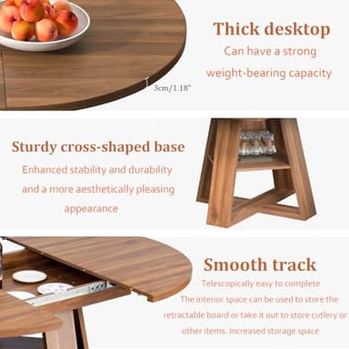 43.3in-59in Extendable Round Dining Table for 4-8,Modern Kitchen Oval Dining Table with Removable Leaves Space Saving,Wood Base with Storage Shelf for Kitchen Living Room (Walnut) - Image 7