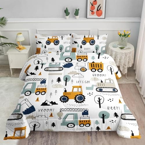 Smell Sunshine Cartoon Car Comforter Set Kids Construction Printed Bedding Set with 1 Comforter and 2 Pillowcases for Boys and Girls Bedroom All Season(Car Twin) - Image 1