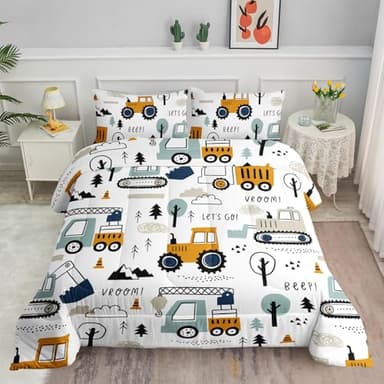 Smell Sunshine Cartoon Car Comforter Set Kids Construction Printed Bedding Set with 1 Comforter and 2 Pillowcases for Boys and Girls Bedroom All Season(Car Twin) - Image 1