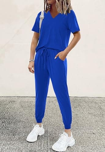 MASCOMODA Womens 2 Piece Outfits Summer Casual V Neck Short Sleeve Tops Long Pants Tracksuit Lounge Jogger Set with Pockets(Royal Blue,Large) - Image 2