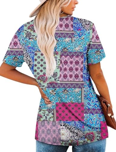 ROSELINLIN Womens Floral Tunic Tops Summer Dressy Casual Tops Short Sleeve V Neck Shirts Blue Blocks XL - Image 4