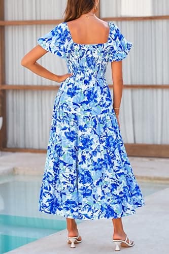 PRETTYGARDEN Women's Casual Summer Midi Dress Puffy Short Sleeve Square Neck Smocked Tiered Ruffle Dresses (Floral Blue,Medium) - Image 7