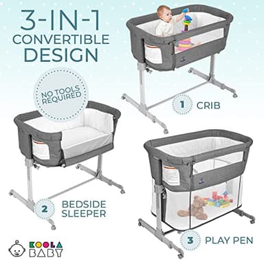 3 in 1 Baby Bassinet, Bedside Sleeper, & Playpen, Easy Folding Portable Crib (Grey)- KoolaBaby (Bassinet) - Image 2