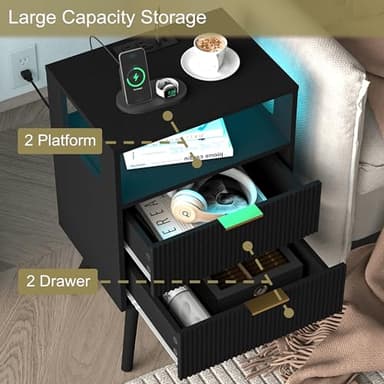 JOONEE Black Nightstand with Charging Station and LED Lights,Modern Bedside Table with 2 Storage Drawer and Open Wood Shelf, for Bedroom and Small Spaces,Night Stand with Solid Wood Legs,Black - Image 6