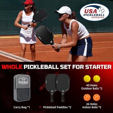 BAGAIL Pickleball Paddles, USAPA Approved Fiberglass Surface Pickleball Set, Lightweight Pickle Ball Rackets with 4 Balls, 1 Bag, Designed in California for Traction and Stability - 2 Pack, Black - Image 8