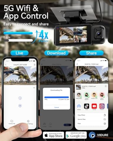 iiwey N7 3 Channel Dash Cam Front and Rear Inside 3K+1080P+1080P with 128GB SD Card, 5GHz WiFi, Rotatable Side Camera for Car, 24/7 Recording, IR Night Vision, G-Sensor, Parking Mode - Image 4
