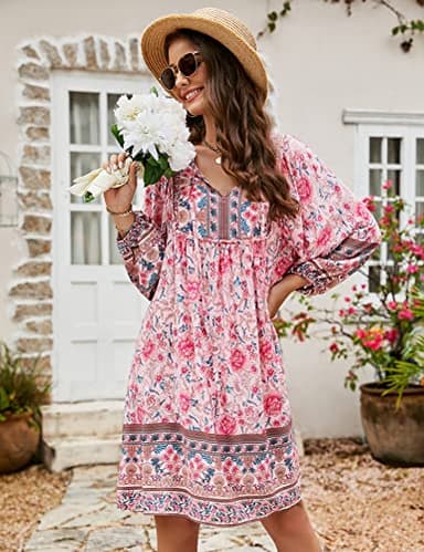 Bluetime Women Beach Casual V Neck Dress 3/4 Sleeve Summer Floral Dress Loose Plus Size Boho Dresses (XXL, Pink) - Image 4