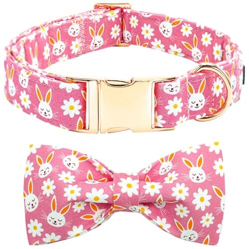Bobo Rainbow Easter Dog Collar-Pink Rabbit Collar Adjustable Cute Pet Collar Soft Pink Flower Dog Collar with Bow Tie Holiday Cotton Puppy Collar Metal Buckle Collar Gift for Large Dogs - Image 1