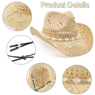 WQWOVRVO Cowboy Hat,Cowgirl Hat,Cowboy Hats for Women/Mens/Straw Wide with Shapeable Brim Cowboy Hats for Womens/White/Black/Beige (Beige+White) - Image 3